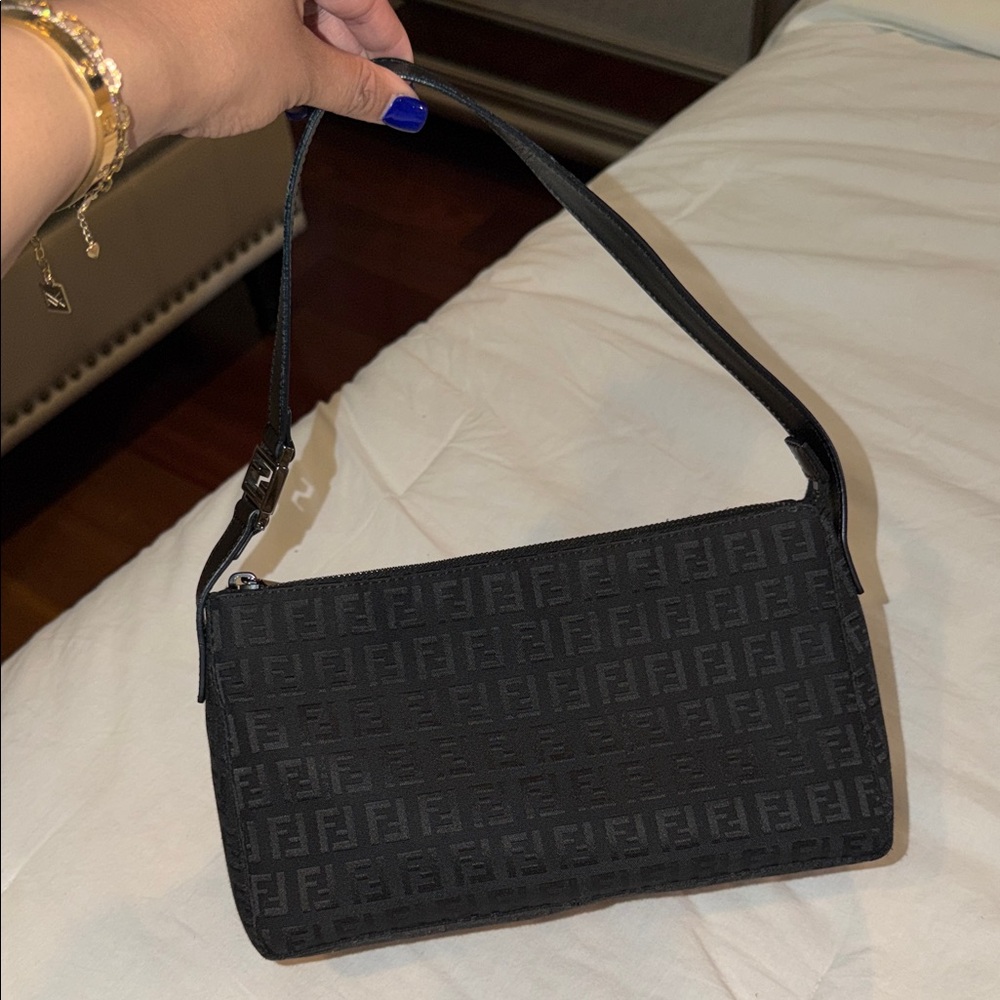 Fendi Black FF Jacquard Shoulder Baguette